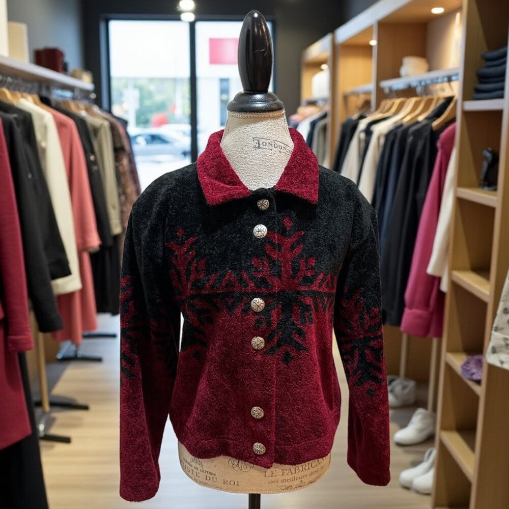 County Clothing Co Sz L Red & Black Short Fleece 6-Button Vintage Jacket